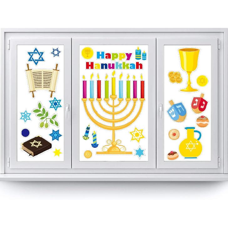 Outus 84 Pcs Hanukkah Window Clings Menorah and Star of Window Decals Je Chanukah Decorations Vinyl Cling Decor for Window Sliding Glass Doors