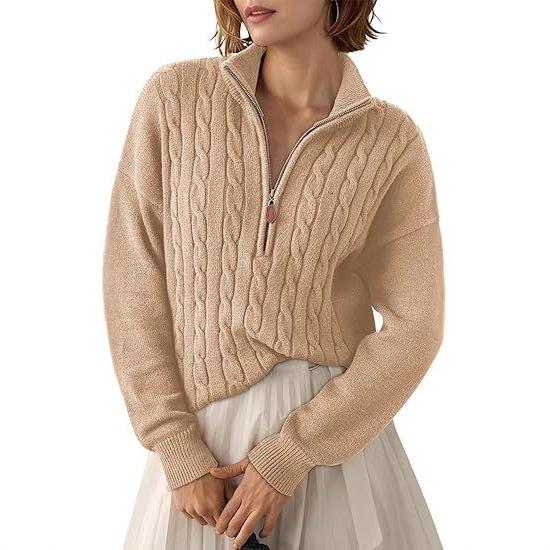 Women's Half-High Collar Zipper Ribbed Knit Pullover Sweater, Short-Sleeve, Loose Fit, 2025 Autumn/Winter Collection.