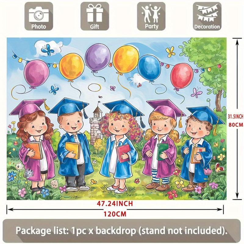 Graduation Party Backdrop Banner, Colorful Balloons and Grad Cap with Cartoon Graduate, 90.5x70.8 in Polyester Photo Background for Celebration