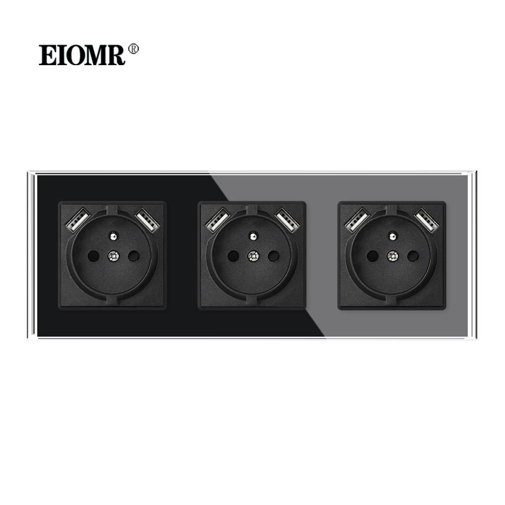 EIOMR Французский Стандарт USB Настенная Розетка Черная Панель из Кристаллического Стекла 16A 110-250V с Железной Лапкой Многофункциональная Электрическая Розетка и Выключателем
