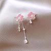 Sweet Pink Flower Tassel Earrings for Women Elegant Pearl Peach Blossom Asymmetrical Hanging Earrings Wedding Party Jewelry