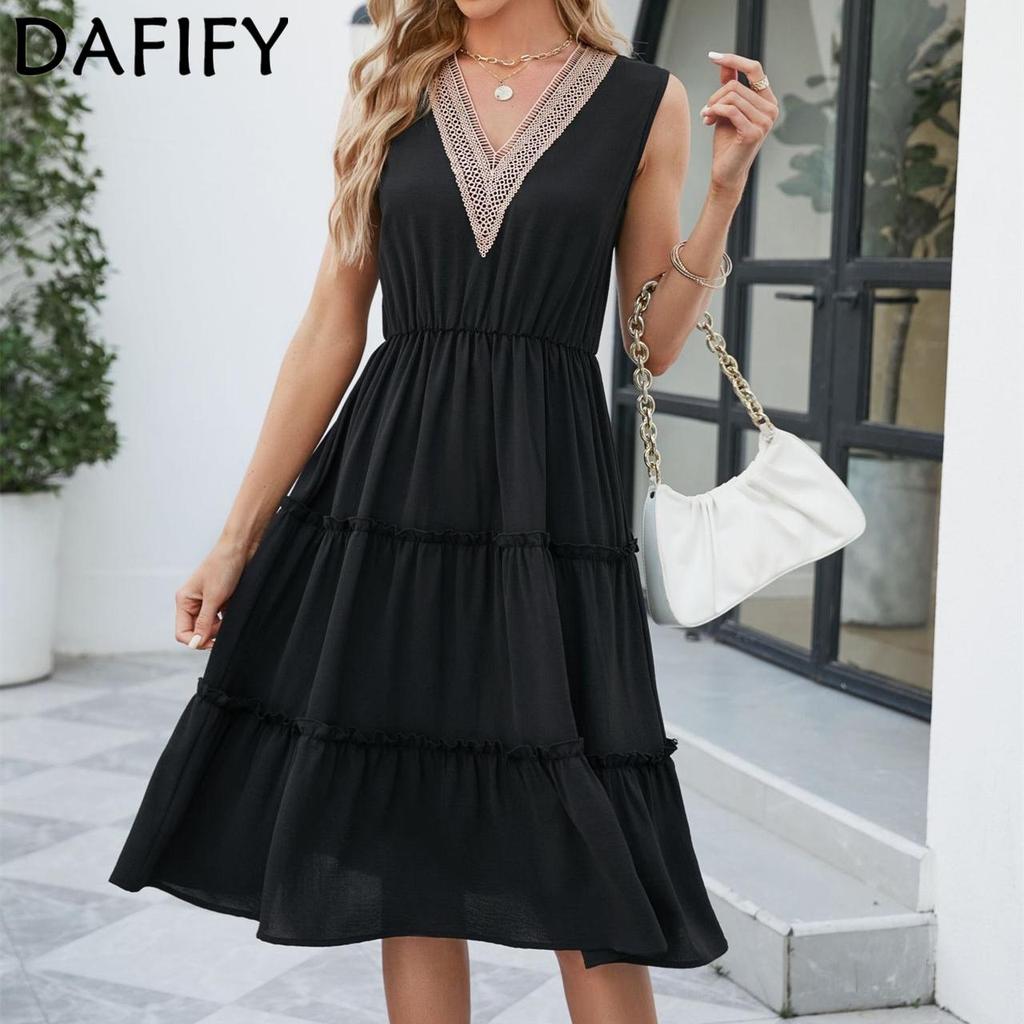 DAFIFY Женская мода лето весна однотонный принт без рукавов с v-образным вырезом повседневные платья