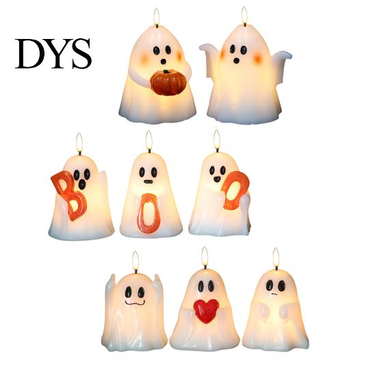 Halloween Ghost Decoration Flameless Candle, Cute Holding BOO Letter Tealight, Small Desk Glow Props Battery Operated LED Flickering Light for