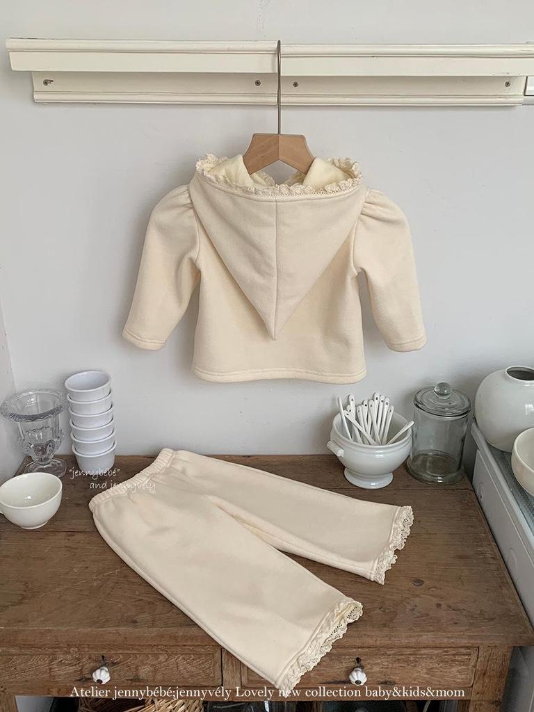 Зимний комплект для девочек в корейском стиле с флисовой подкладкой - Милая шапка-эльф с капюшоном и широкие штаны