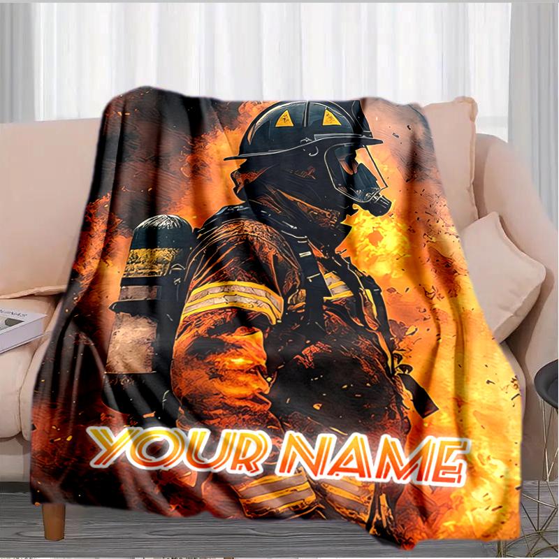 1PC Custom Name Firefighter Courage flannel blanket versatile,all-season throw suitable for the living room,bedroom,camping,travel,and gift