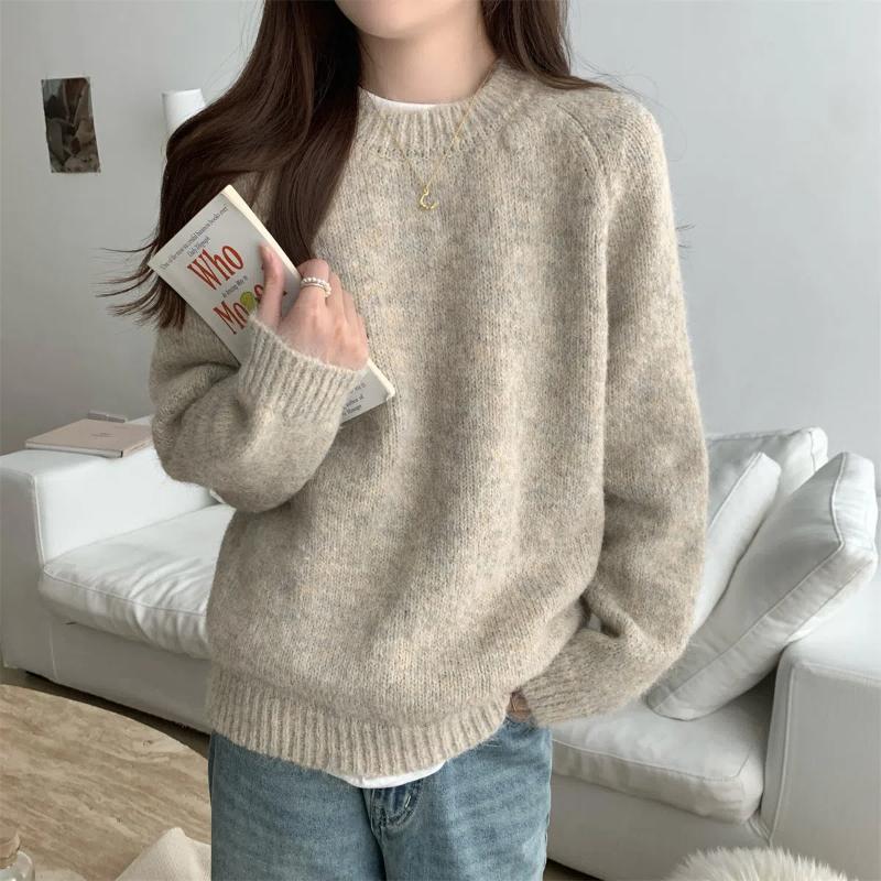 Autumn Winter Simplicity Casual Women Sweater Lazy Wind Solid O-Neck Loose Long Sleeve Pullovers Knitted Tops