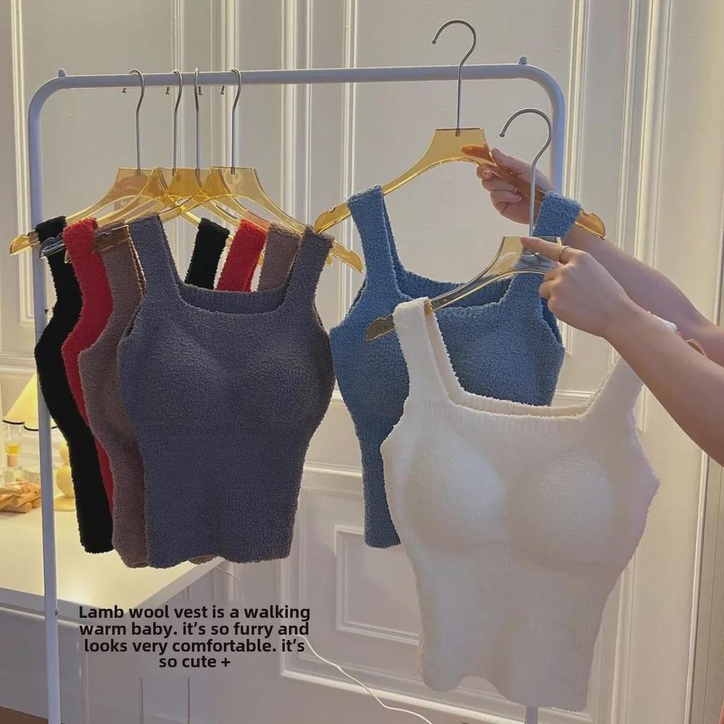 Встроенный жилет-комбинезон из плюша ягненка с нагрудными подушечками — теплый слой без бюстгальтера для осени и зимы