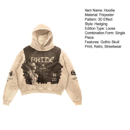 Мужская толстовка с капюшоном Gothic Skull Retro Полиэстеровая ткань Уличная мягкая толстовка с принтом свободного кроя