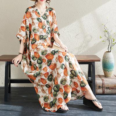 2024 Летнее длинное платье больших размеров, пляжное женское платье с v-образным вырезом и цветочным принтом, праздничное оранжевое повседневное мягкое синее льняное свободное платье макси