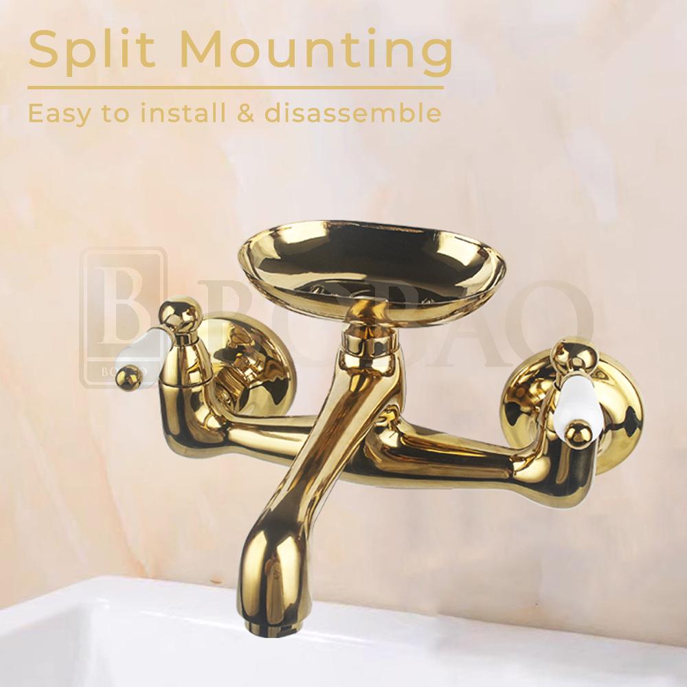 Tuqiu Bathroom Basin Faucet Wall mounted Hot and Cold Ceramica handle Europe Style Sink Mixer with Soap Dish