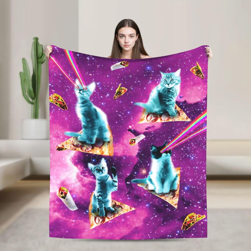 Outer Space Pizza Cat Rainbow Laser Eyes Blanket Flannel Winter Portable Soft Throw Blanket for Bedding