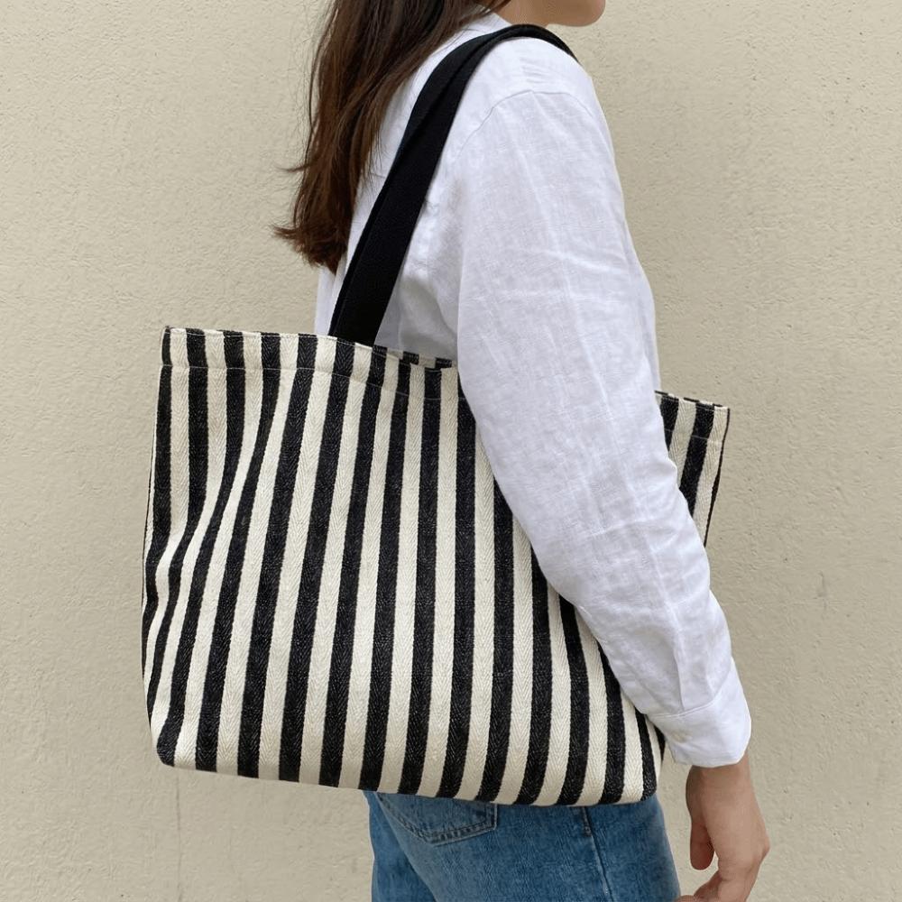 Zipper Stripe Canvas Tote Bag Large Capacity Shopping Handbag Simple Shoulder Bag All-match