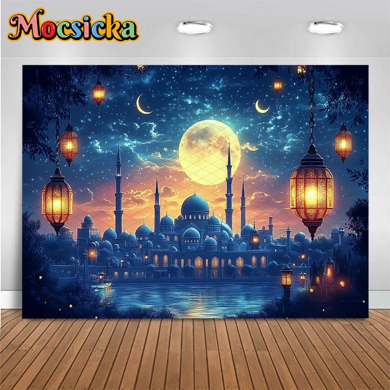 Mocsicka Christmas Photography Background Night Moon Mosque Palace Castle Lamp Festival Decoration Birthday Party Photo Backdrop
