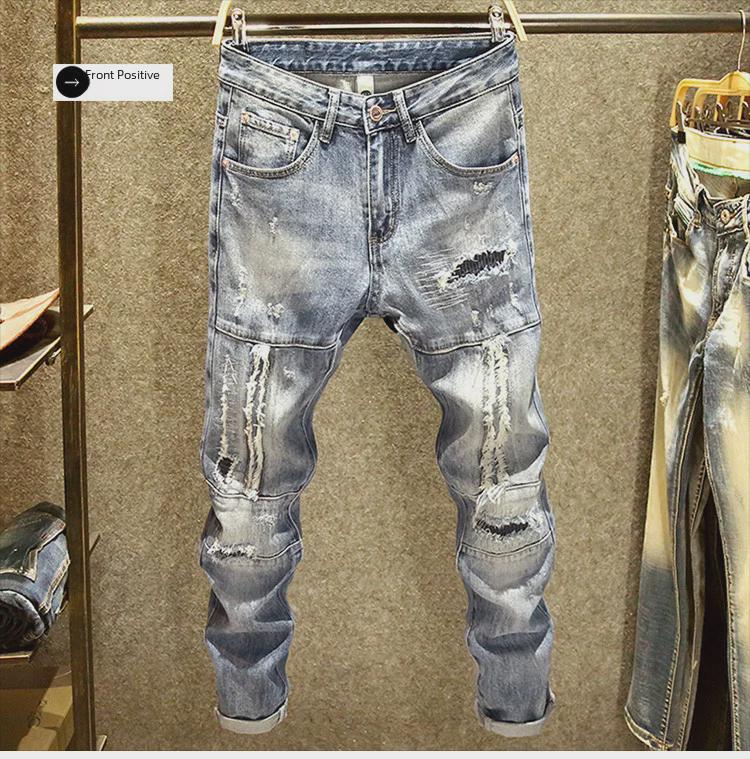 Мужские модные облегающие рваные джинсы скинни с эластичной тканью и нашитыми заплатками