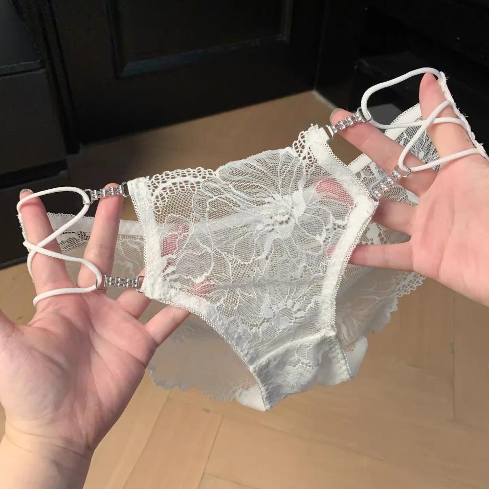 Breathable Low Waist Lace Zircon Panties Cotton Crotch Thin Strap Underwear for Women Transparent Flower Mesh Lace Briefs Lady