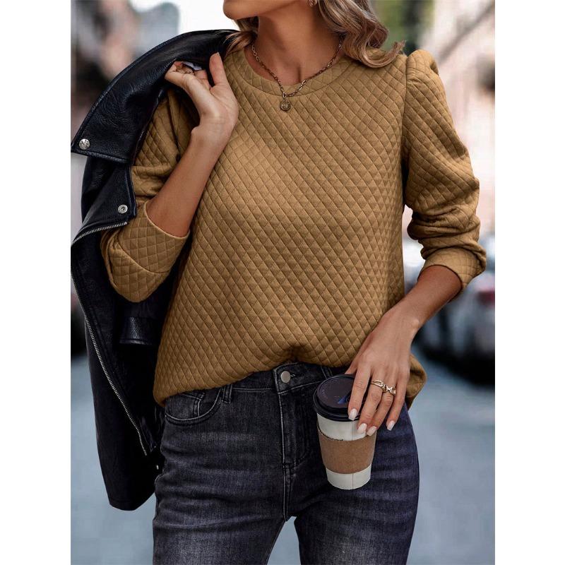 Autumn and Winter Women's Sweatshirt Round Neck Plaid Solid Color Temperament Elegant Casual Long Sleeve Top Sweatshirt