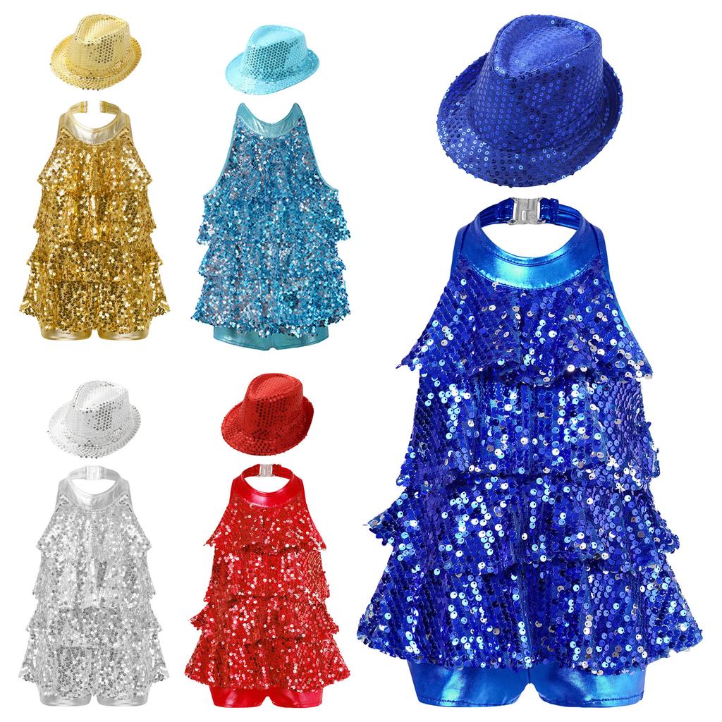 Girls Modern Jazz Latin Leotard Halter Backless Shiny Sequins Ruffles Dance Costume Hat