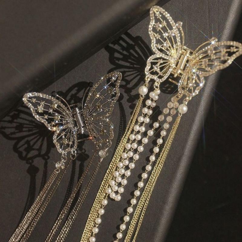 Korean Butterfly Pearl Tassel Hair Clip Women Rhinestone Tassel Clip Crystal Simple Hair Claw Clip Shark Crab Clips Girls Hairpin Hair Accessories