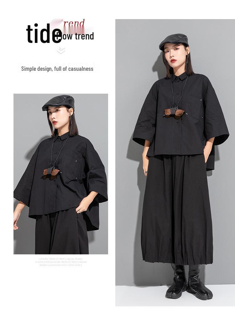 Женский темный топ в китайском стиле с нерегулярными рукавами средней длины и свободного кроя