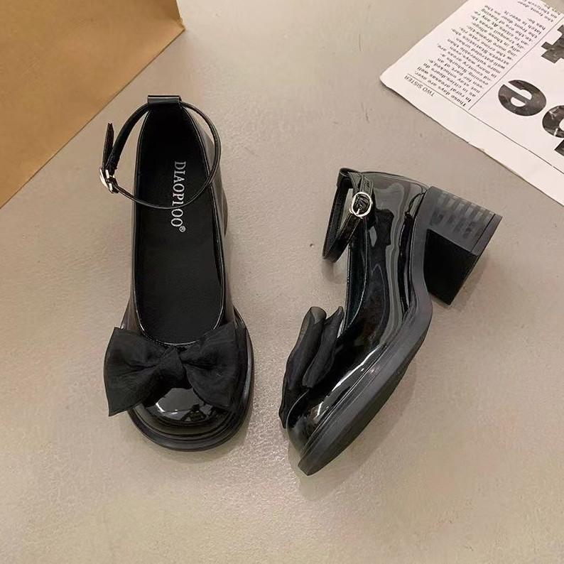 Женские туфли на высоком каблуке с круглым носком и пряжкой в ​​британском стиле, милый бант