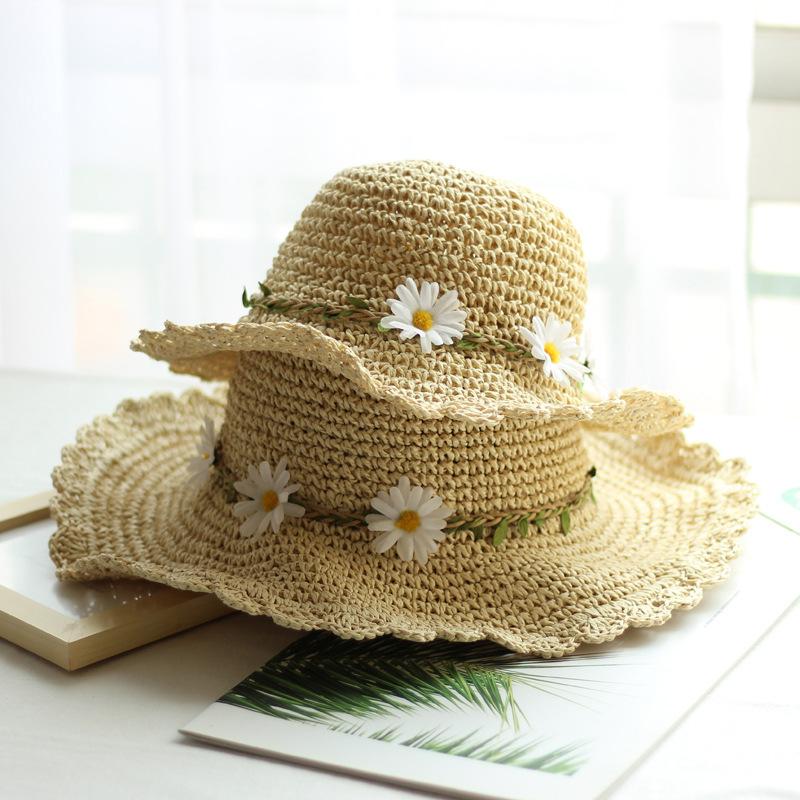 Handmade sweet lace visor hat girls sun hat children parent-child fresh small daisy wreath straw hat