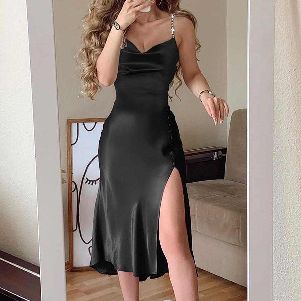 Женское модное платье с v-образным вырезом и бретельками из бисерной цепочки