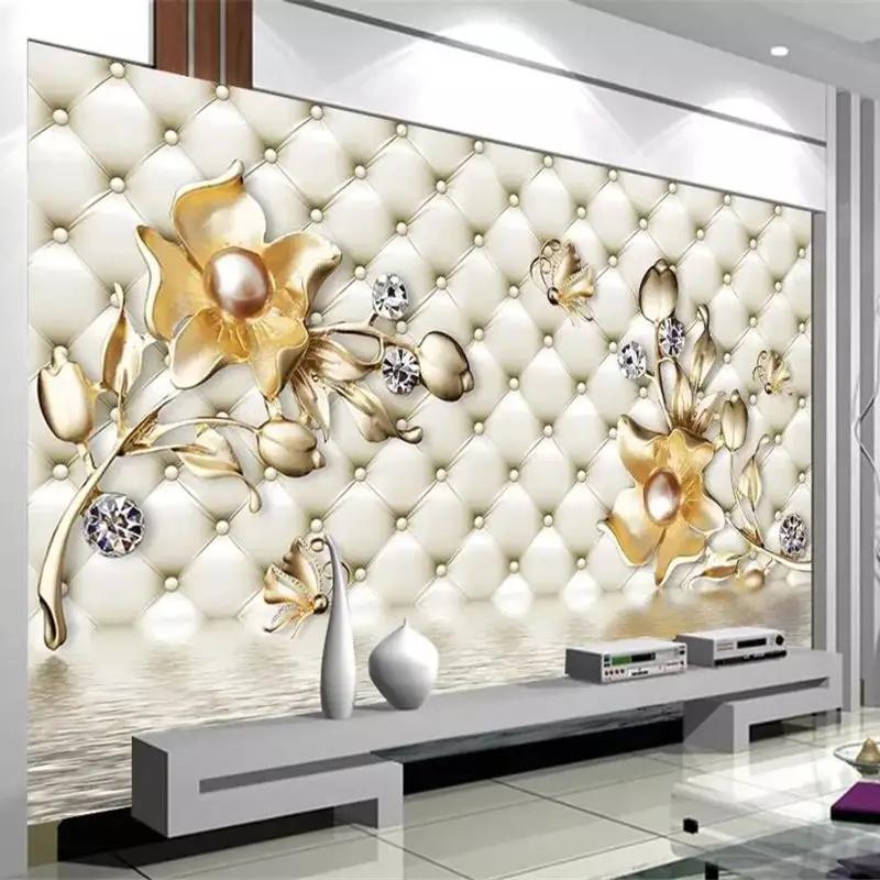 Цветочные обои Роскошные мягкие сумки 3d фрески Золотые украшения Цветочные обои Домашний декор 3d обои