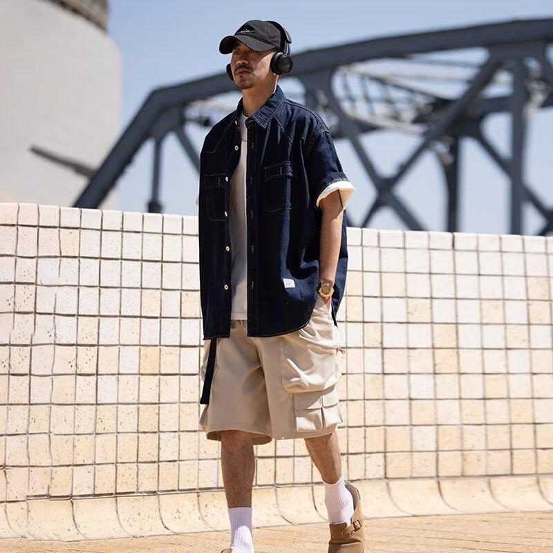 Японский ретро модный бренд летняя свободная джинсовая рубашка с короткими рукавами художественная молодежная рабочая рубашка мужская и женская многослойная куртка