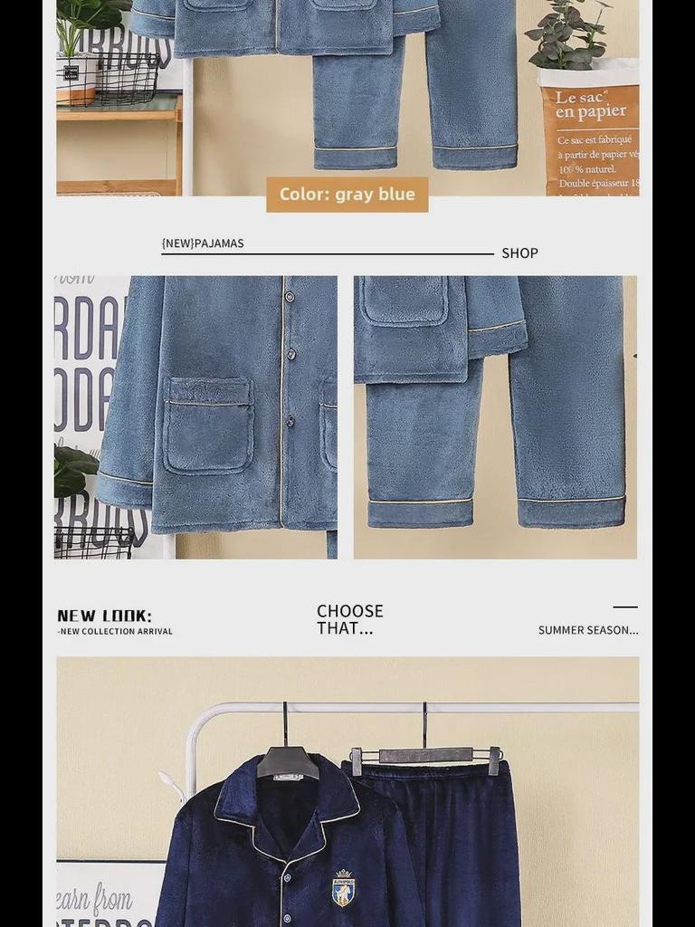 Мужской фланелевый пижамный комплект: Кардиган с длинными рукавами и лацканами, брюки, большие размеры, осень/зима.