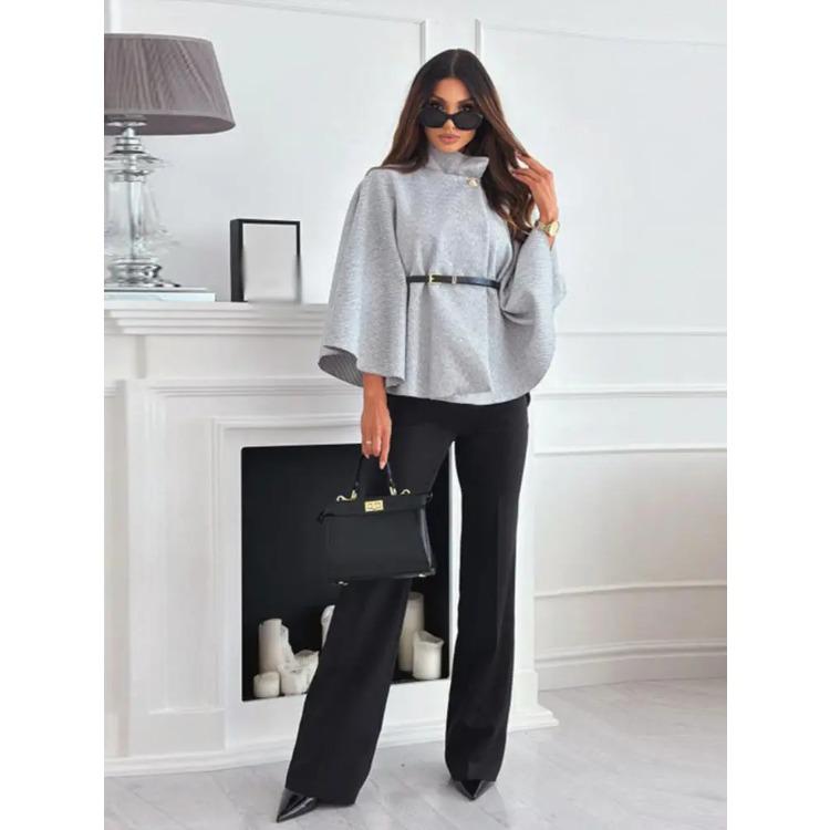 Женский плащ-накидка из шерстяного твида, пончо, толстое осенне-зимнее женское пальто с одной пряжкой и рукавами «летучая мышь», элегантная теплая свободная верхняя одежда 2024 г.