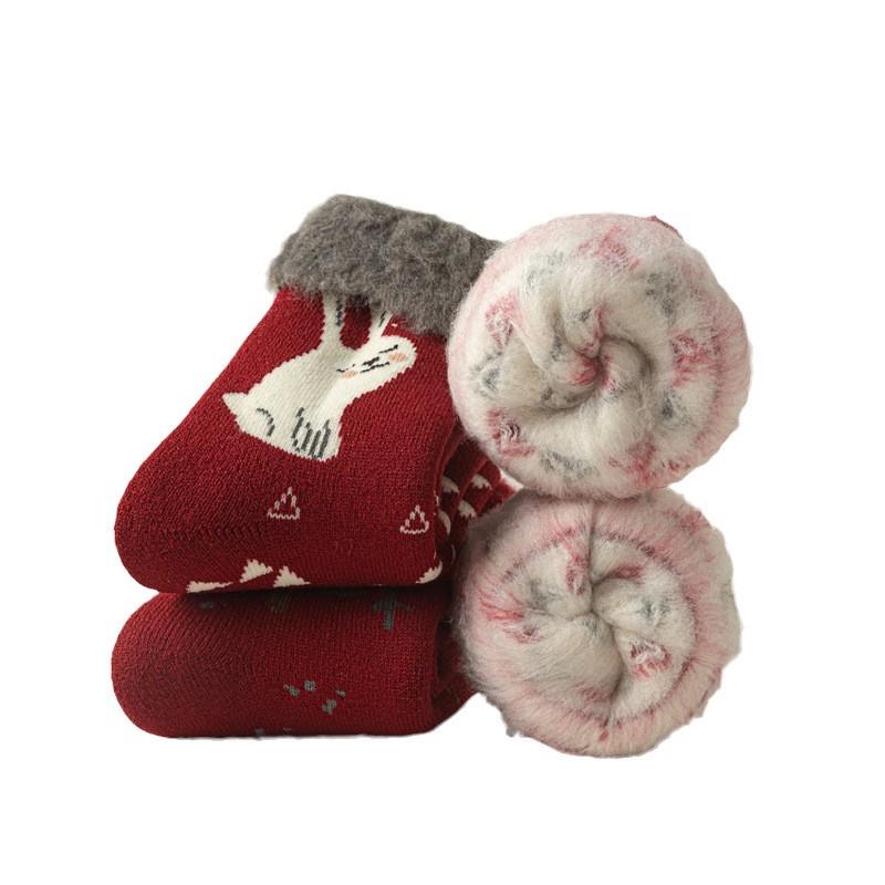 Женские красные носки до середины икры из утолщенной махровой ткани с начесом и японским мультяшным лосем - 24 Зимние Новые Рождественские Носки