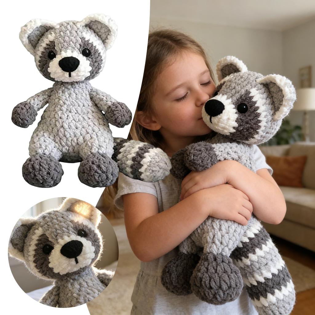 28cm Crochet Raccoon Snuggler Crocheted Ice Stick Gray And Raccoon Comforting Doll Toy