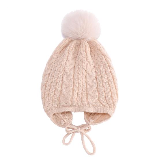 Children Hat Plush Ball Decor Twist Texture Lace-up Knitting Hat Solid Color Design Breathable Warm Winter Hat