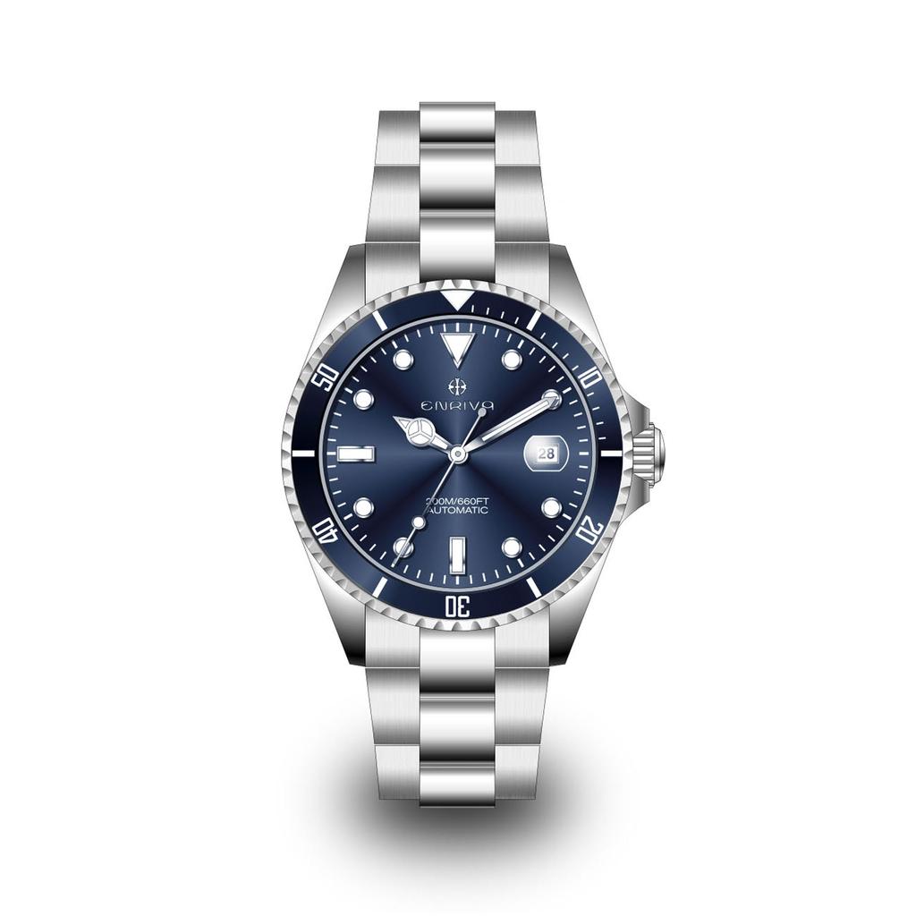 ENRIVA Men's 200m Water Resistant Diver Automatic Watch with Stainless Steel Band, Professional Japanese-Made Automatic Watch with Three Hands, Date