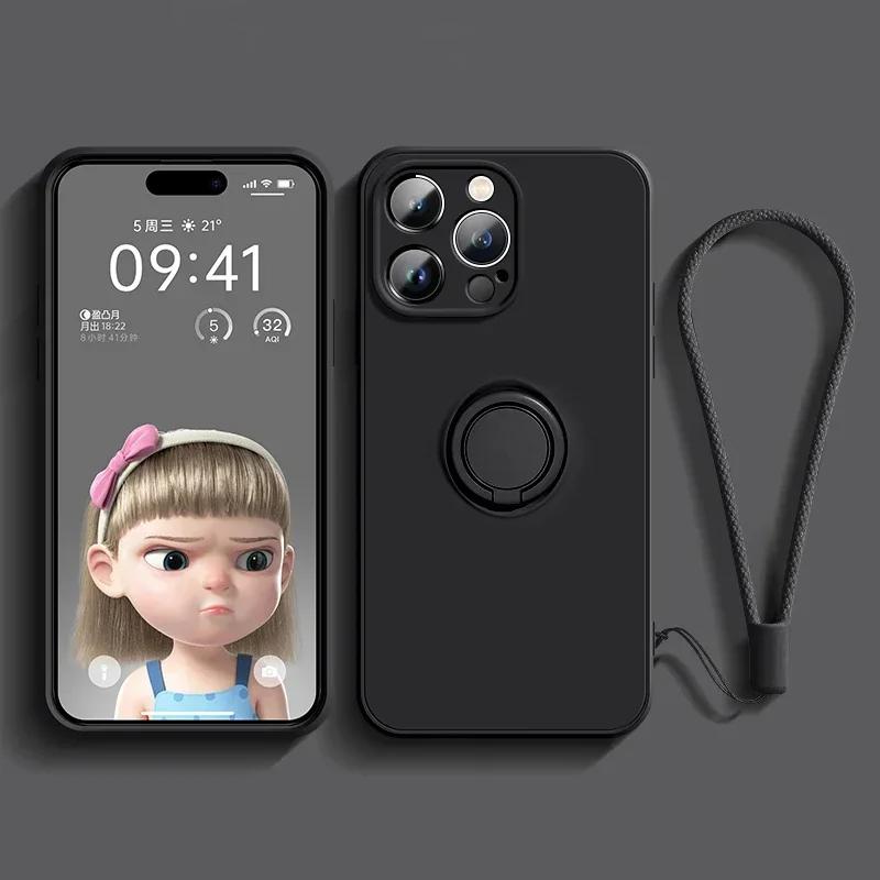 Magnetic Soft Silicone Case For 15 13 14 12 11 Pro Max X XS XR Plus Mini Phone Ring Holder Stand Cover With Wrist Strap