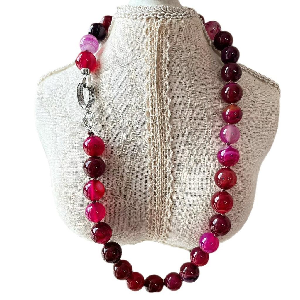 National Style Retro 12Mm Natural Rose Red Chalcedony Agate Collarbone Chain Neck Chain Necklace Women's Commuter