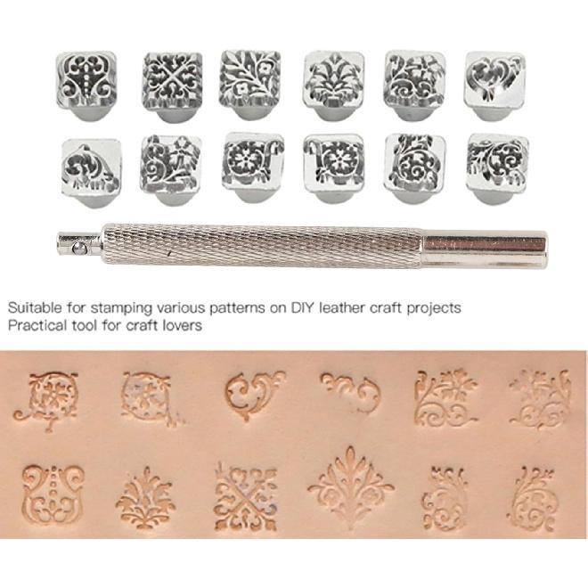 12 шт. Инструменты для тиснения кожи, 12 узоров Цинковый сплав Штампы для кожи Набор инструментов для пробивки, Цветочный дизайн Штамп для кожи для кожаного ремесла DIY Ювелирные изделия
