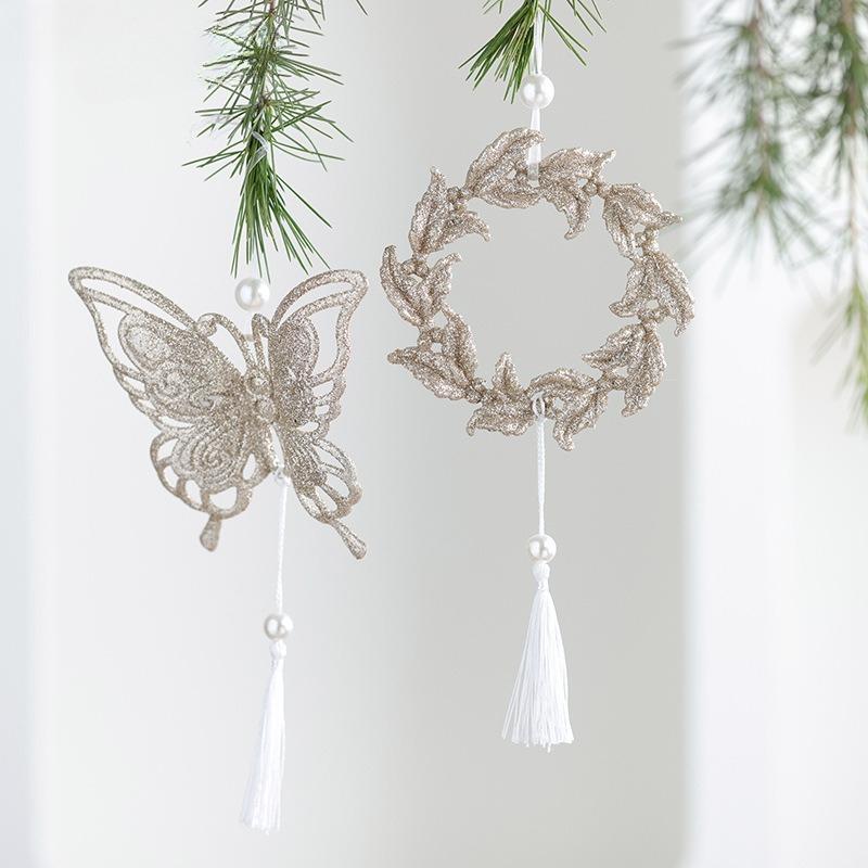 New Christmas Tree Ornaments Glitter Hollow Snowflake Pieces Love Butterfly Pendant Christmas Charm