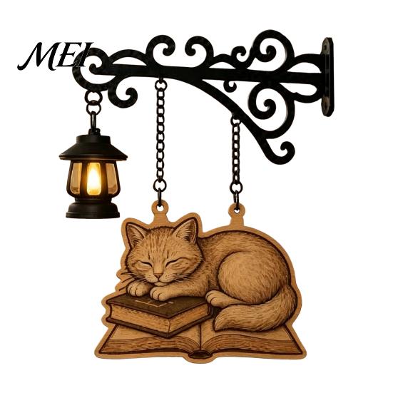 Gift for Readers And Cat Fans Vintage Bookshelf Light with Sleeping on Book Design, Retro Lantern Bookworm Office Accessory Lamp Reading, Decorative