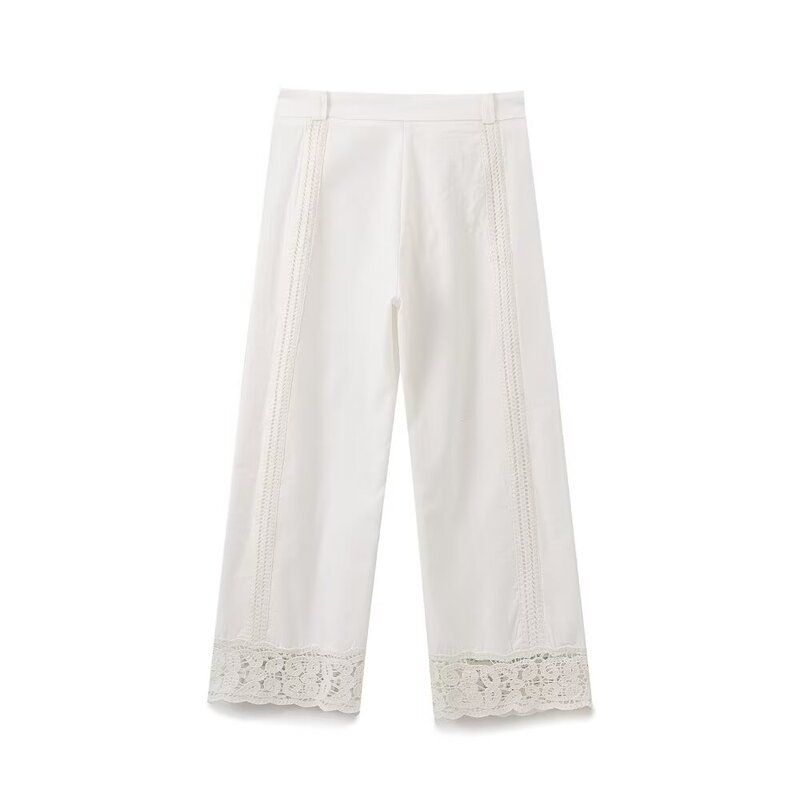 Fashion Style 2024 Autumn New Women's Mid-Waist Easiest for Match Linen Blended Crochet White Pants 4786262