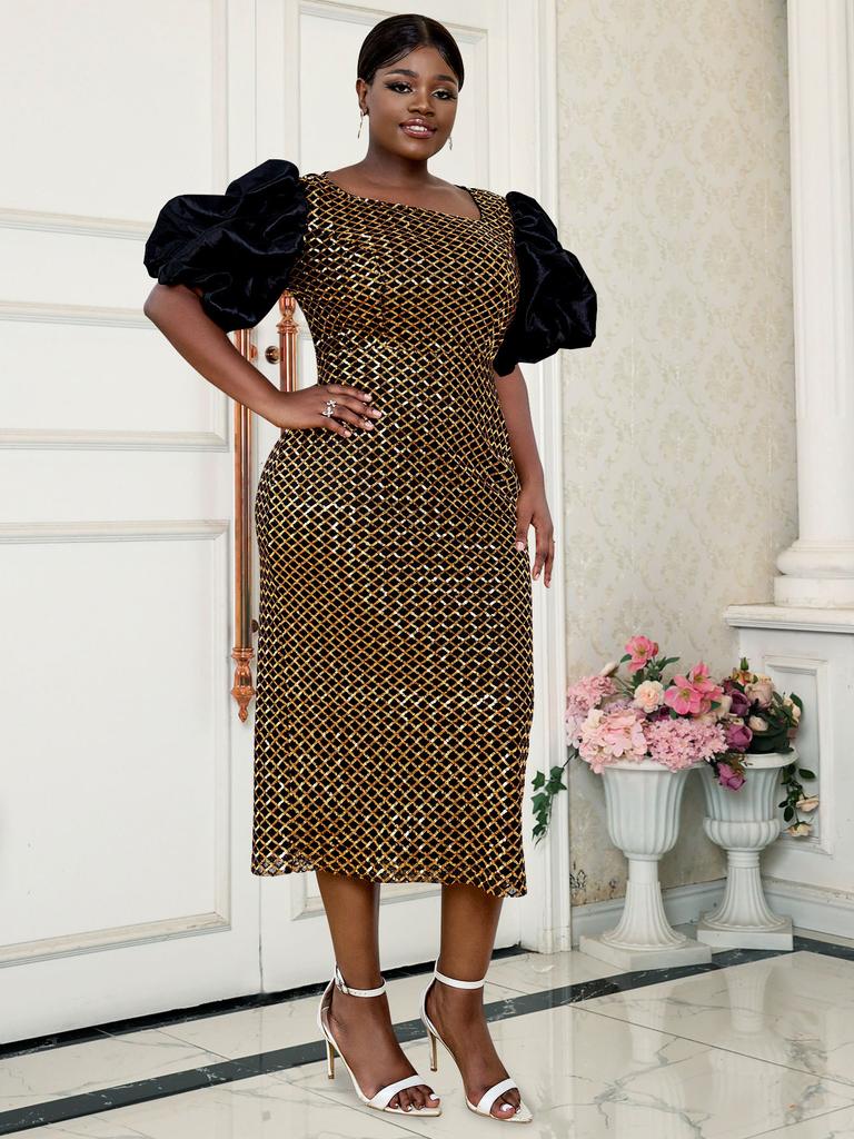 AOMEI Блестящие блестящие платья для женщин с асимметричным вырезом и пышными рукавами, элегантное женское повседневное вечернее клубное платье, праздничное длинное платье