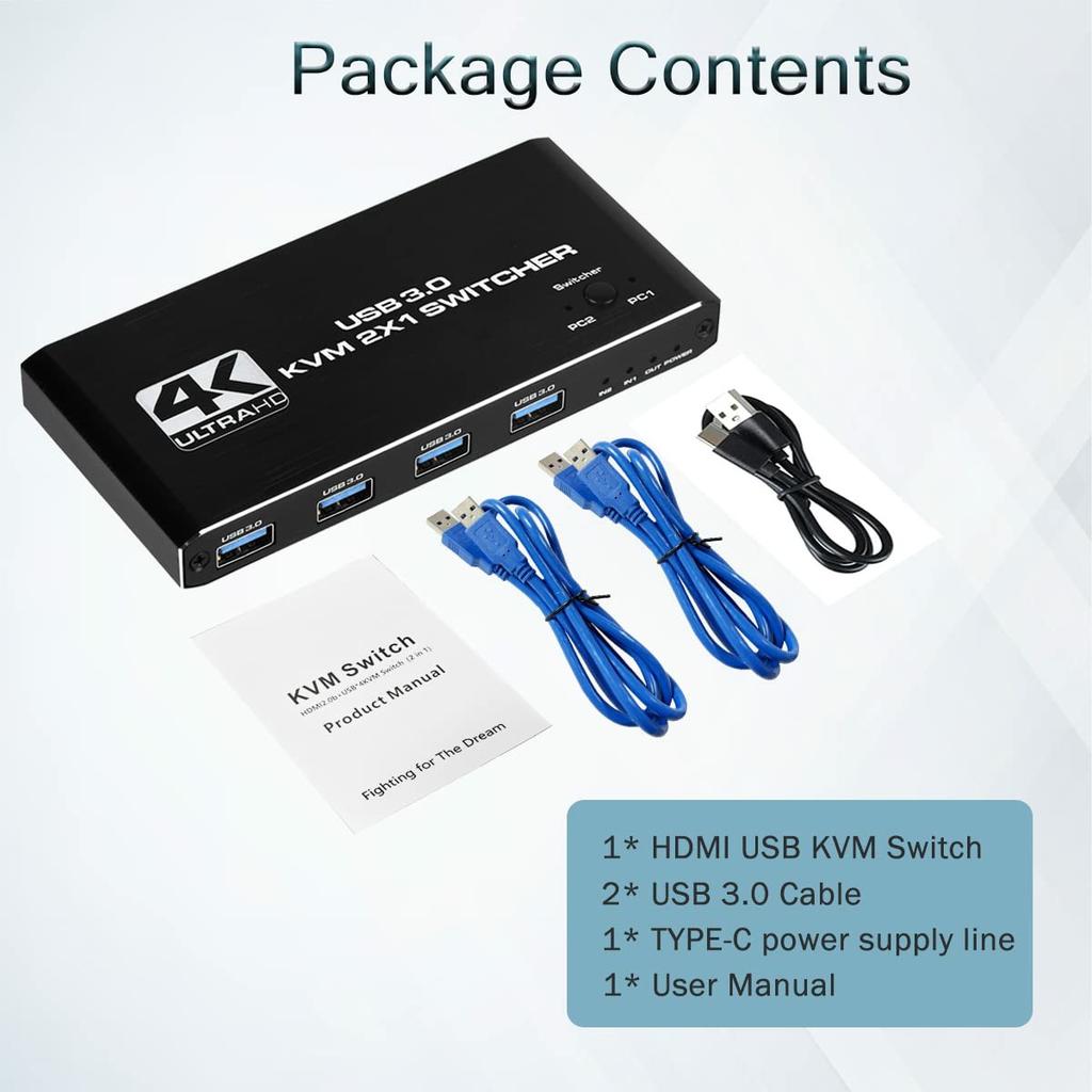 K2 4K 60Hz USB 3.0 KVM Switch 2 In 1 Out Adapter for Dual Computer Control