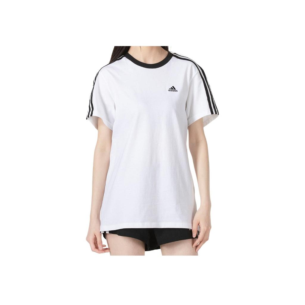 Adidas Полосатый пуловер с круглым вырезом и принтом логотипа, футболка с короткими рукавами, женские топы, белые H10201