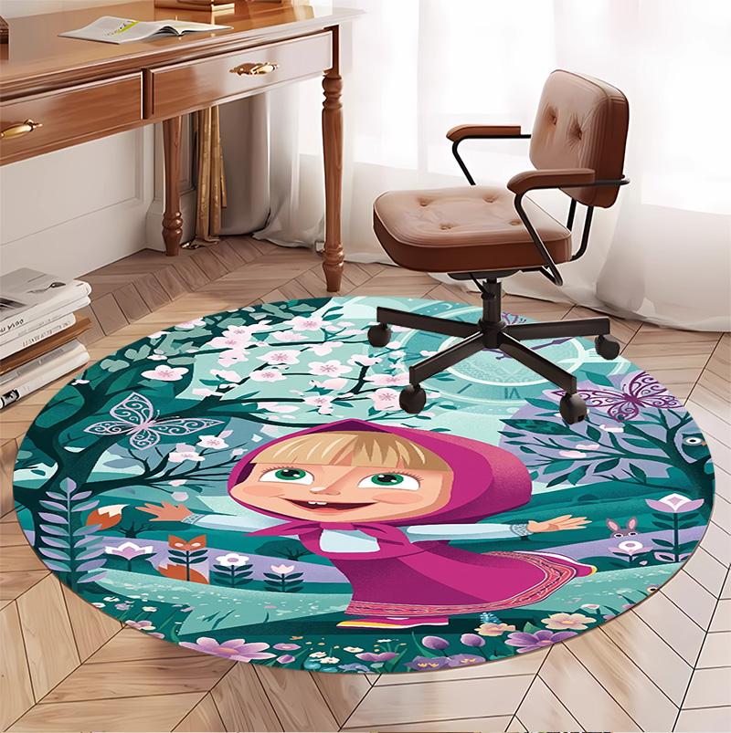 Masha and the Bear Pattern Round Rug, Indoor/Outdoor Mat, for Picnic, Gameroom, Bedroom, Office, Living Room, Home Decor Carpet, Birthday Gift