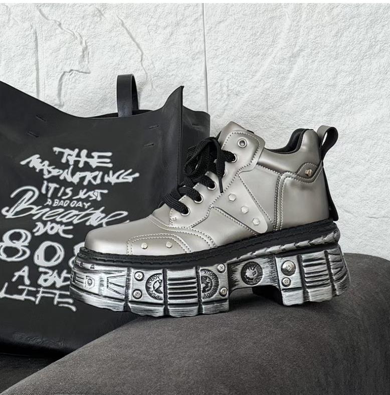 Chunky Sneaker Men Designer Retro Punk Motorcycle Boots Casual Leather Fabric Height Increased Flat Platform Sport Shoes