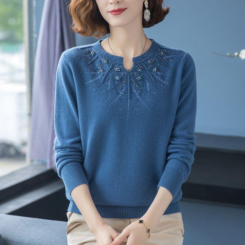 Cashmere Knitted Sweater Embroidered with Diamonds, Women's Loose Oversized Base Sweater