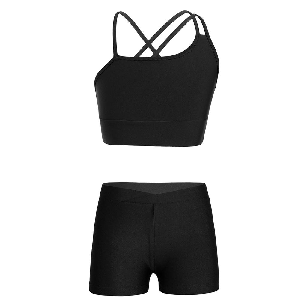 Kids Girls Asymmetrical Strappy Crop Top with Shorts for Sports Gymnastic Workout