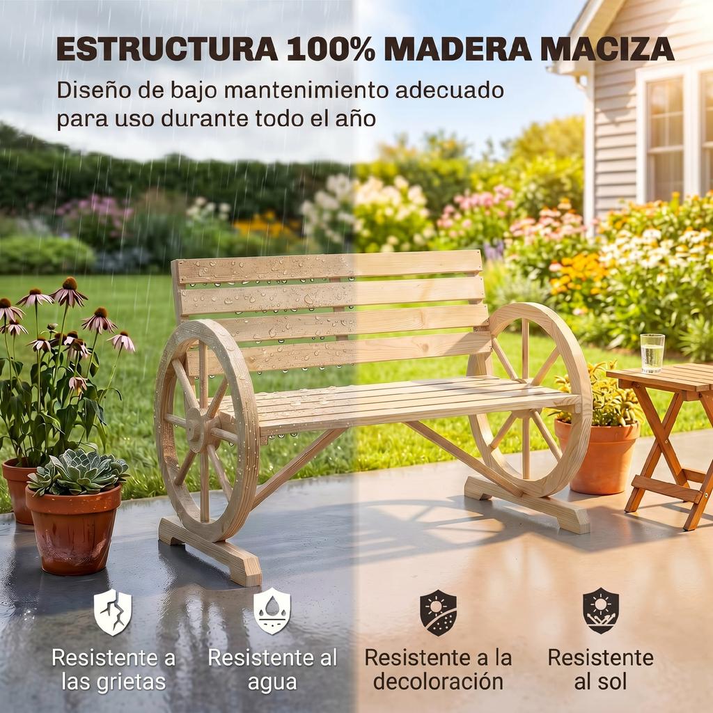Wooden Garden Bench, Wheel-Shaped Armrests, for 2 People, 105.5 x 56 x 79 cm, Natural Wood