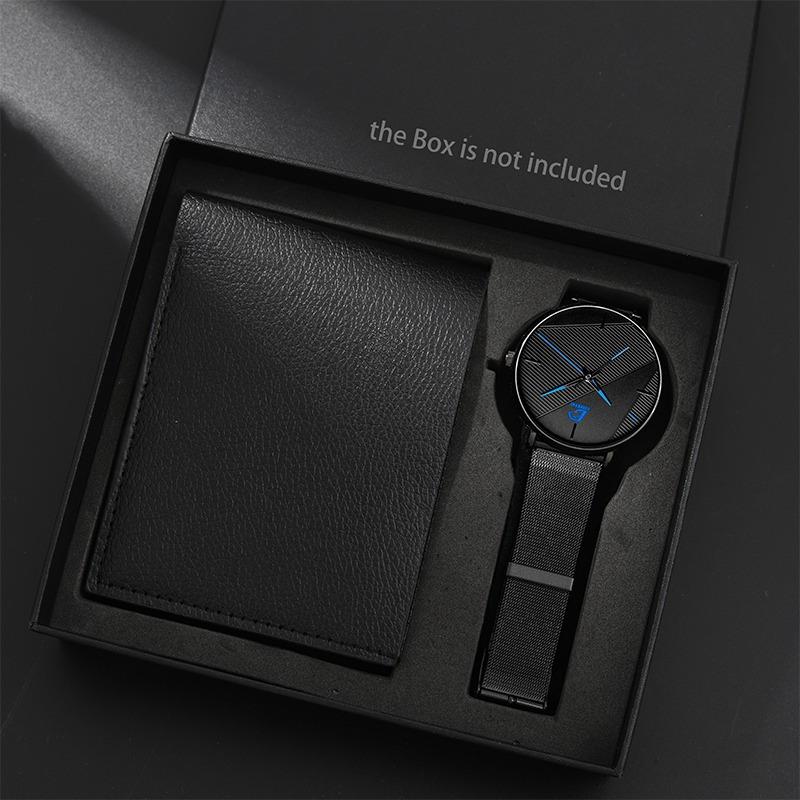 2 шт./компл., модный мужской повседневный деловой сетчатый ремень из нержавеющей стали, кварцевые часы и комплект кошелька, подарок на фестиваль