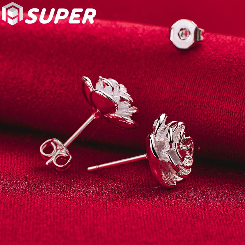 925 Silver Rose Flowers Stud Earrings Jewelry